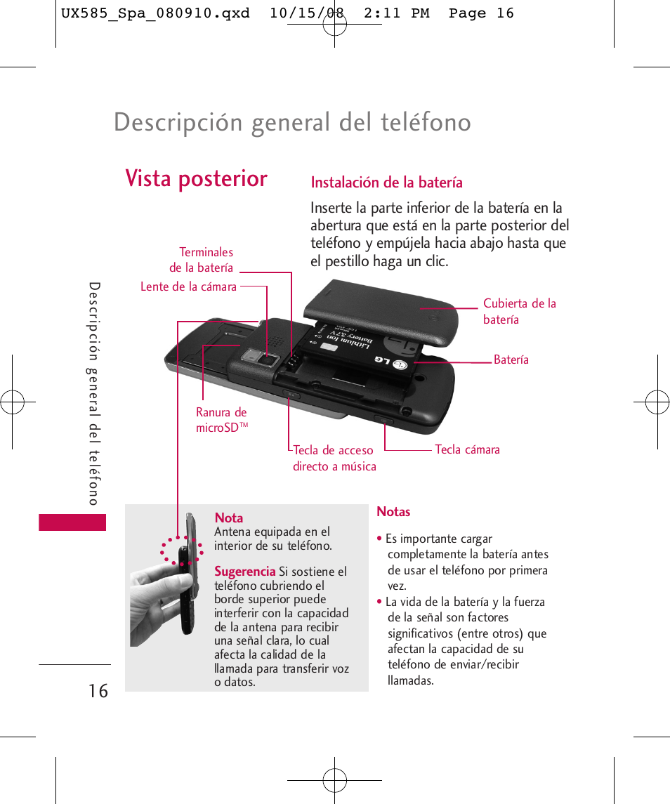 Descripción general del teléfono, Vista posterior | LG LGUX585 User Manual | Page 131 / 240