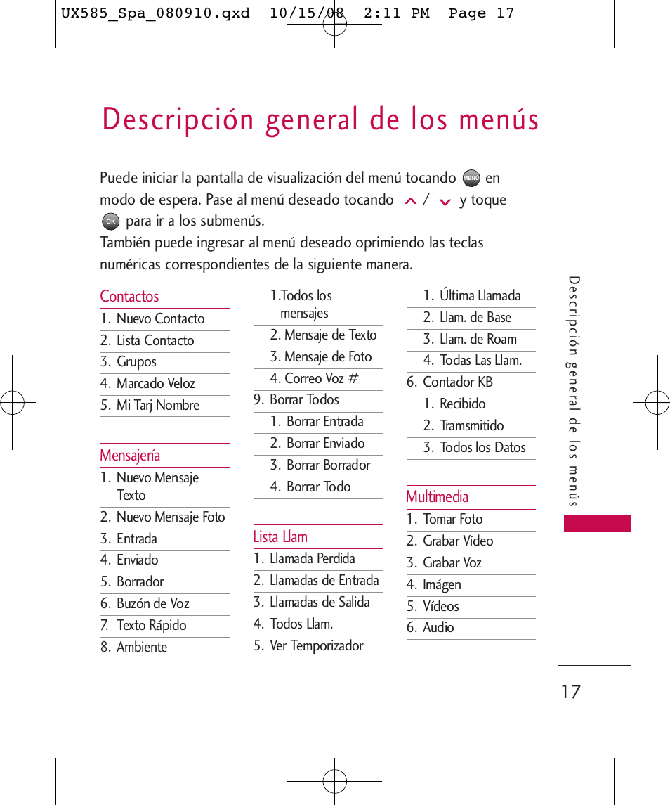 Descripción general de los menús | LG LGUX585 User Manual | Page 132 / 240