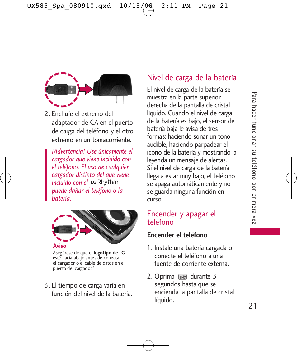 Nivel de carga de la batería, Encender y apagar el teléfono | LG LGUX585 User Manual | Page 136 / 240