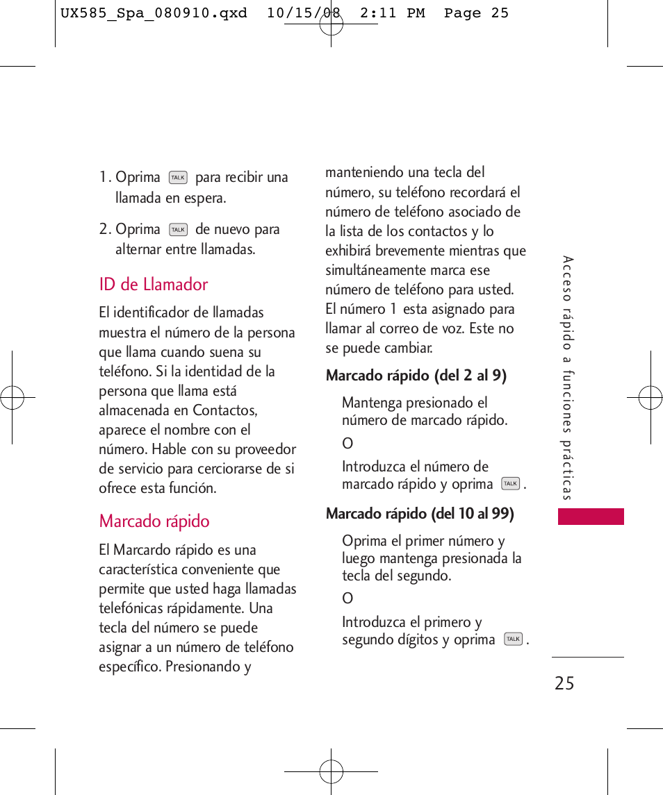 Id de llamador, Marcado rápido | LG LGUX585 User Manual | Page 140 / 240