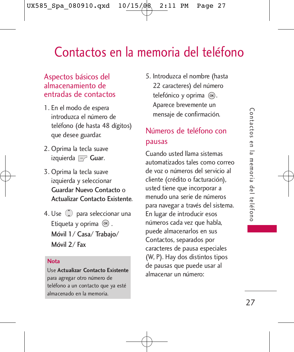 Números de teléfono con pausas | LG LGUX585 User Manual | Page 142 / 240