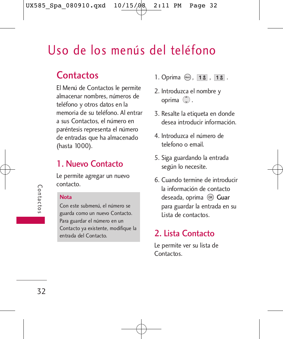 Uso de los menús del teléfono, Contactos, Nuevo contacto | Lista contacto | LG LGUX585 User Manual | Page 147 / 240