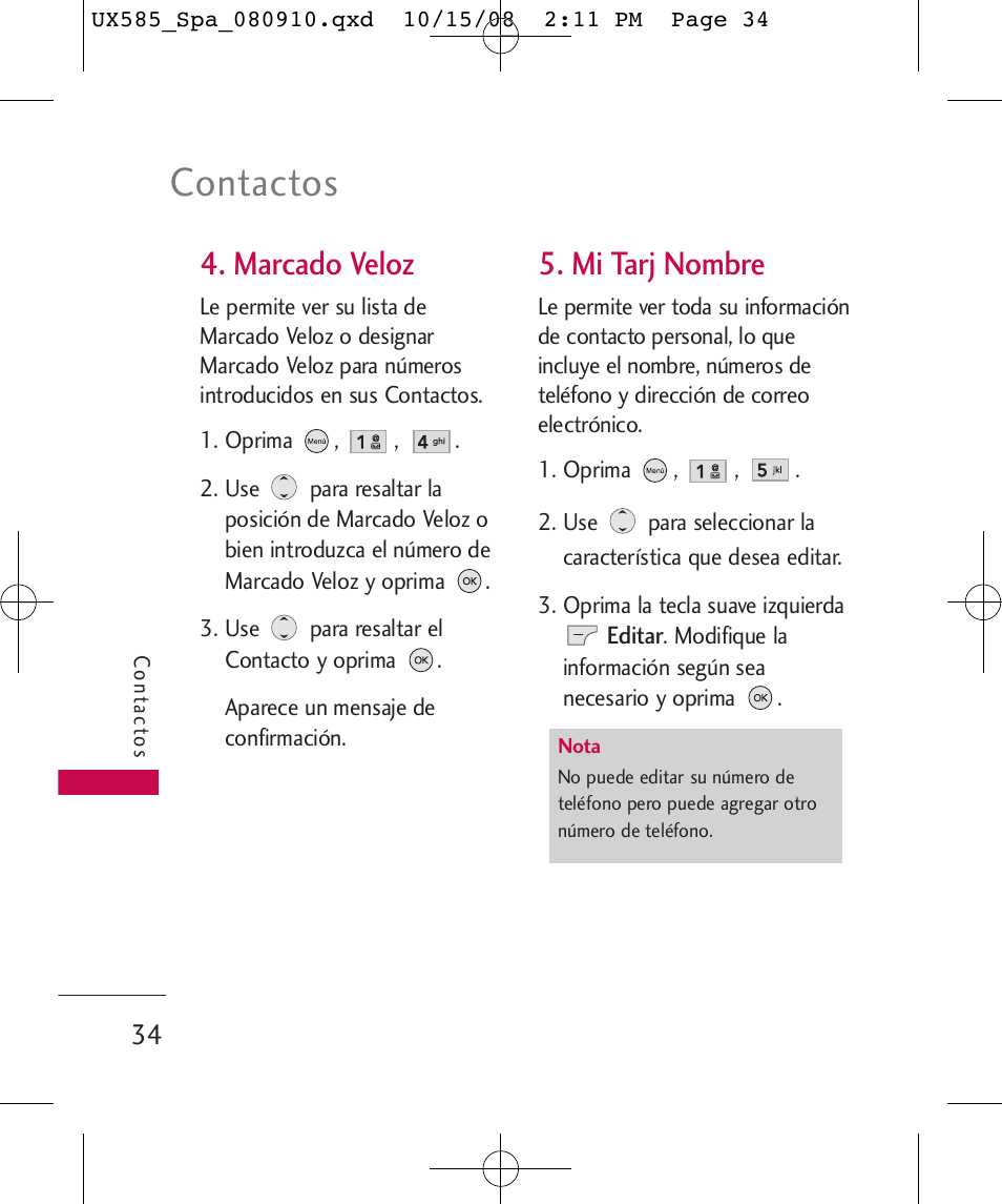 Contactos, Marcado veloz, Mi tarj nombre | LG LGUX585 User Manual | Page 149 / 240