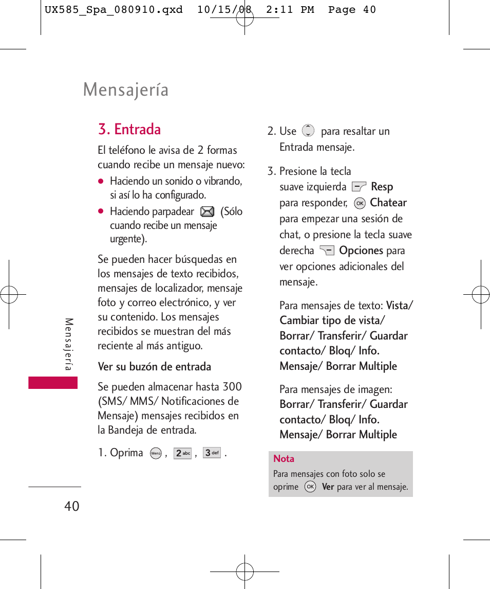 Mensajería, Entrada | LG LGUX585 User Manual | Page 155 / 240