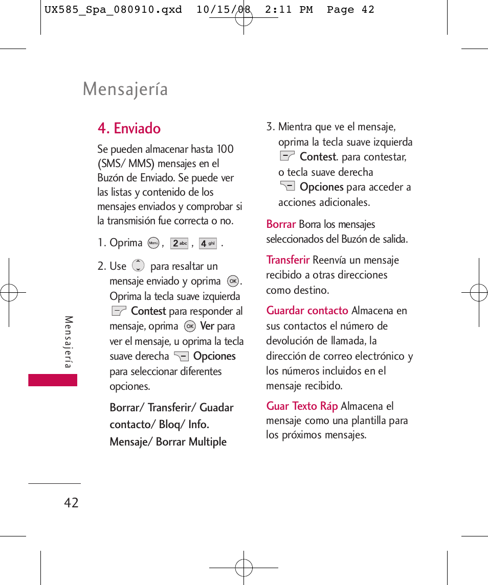 Mensajería, Enviado | LG LGUX585 User Manual | Page 157 / 240