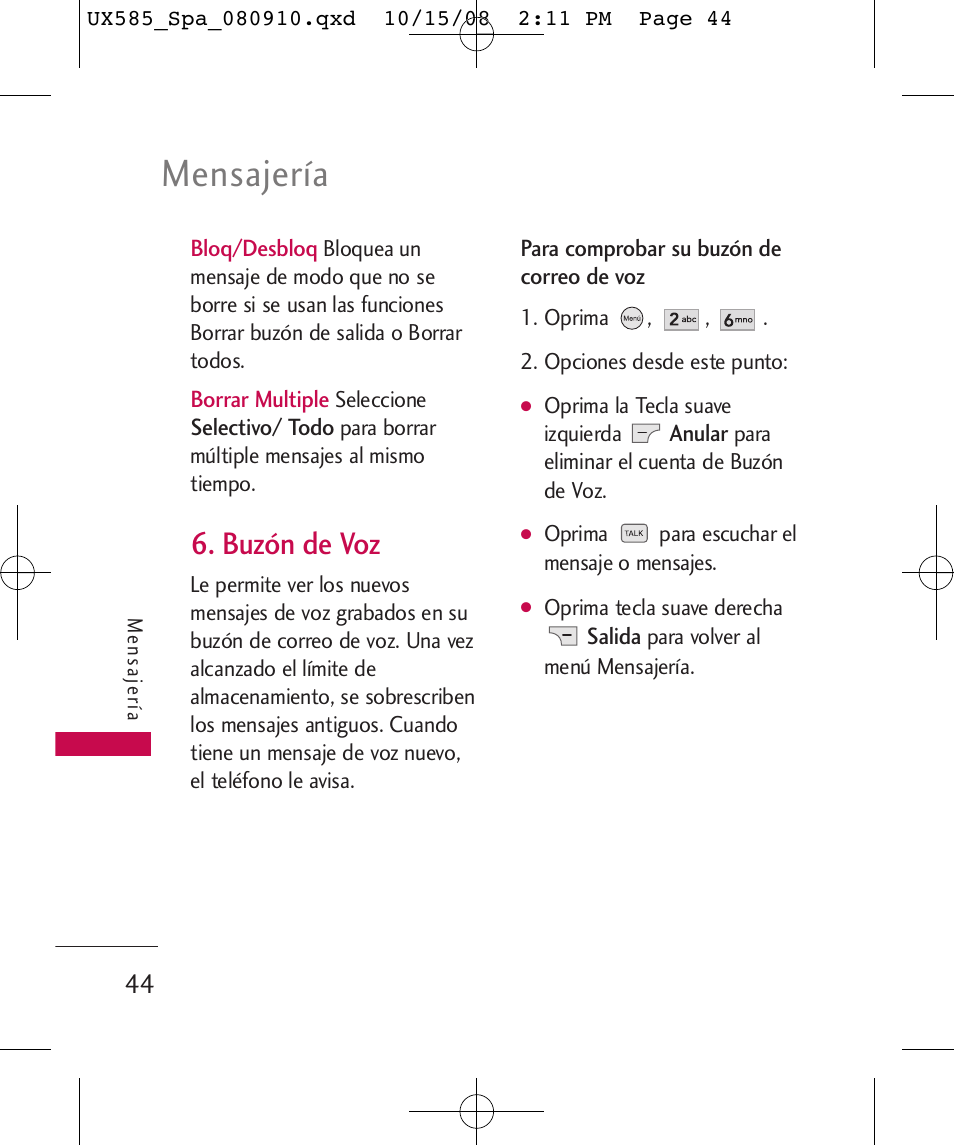 Mensajería, Buzón de voz | LG LGUX585 User Manual | Page 159 / 240