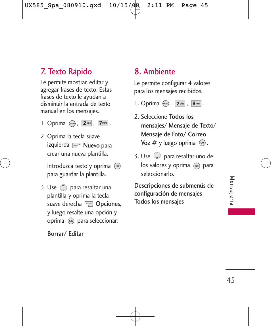 Texto rápido, Ambiente | LG LGUX585 User Manual | Page 160 / 240