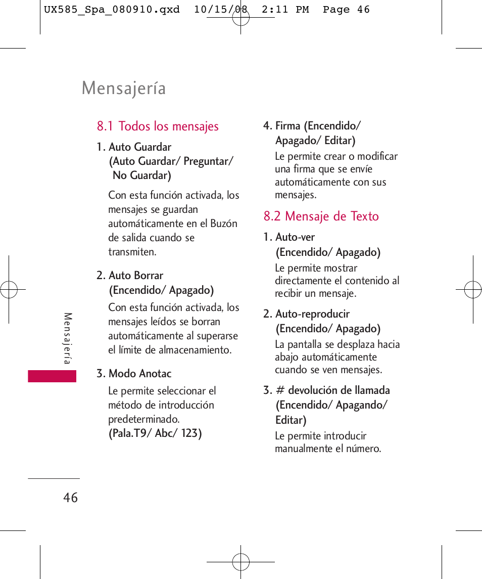 Mensajería | LG LGUX585 User Manual | Page 161 / 240