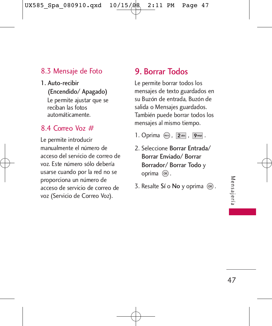 Borrar todos, 3 mensaje de foto, 4 correo voz | LG LGUX585 User Manual | Page 162 / 240