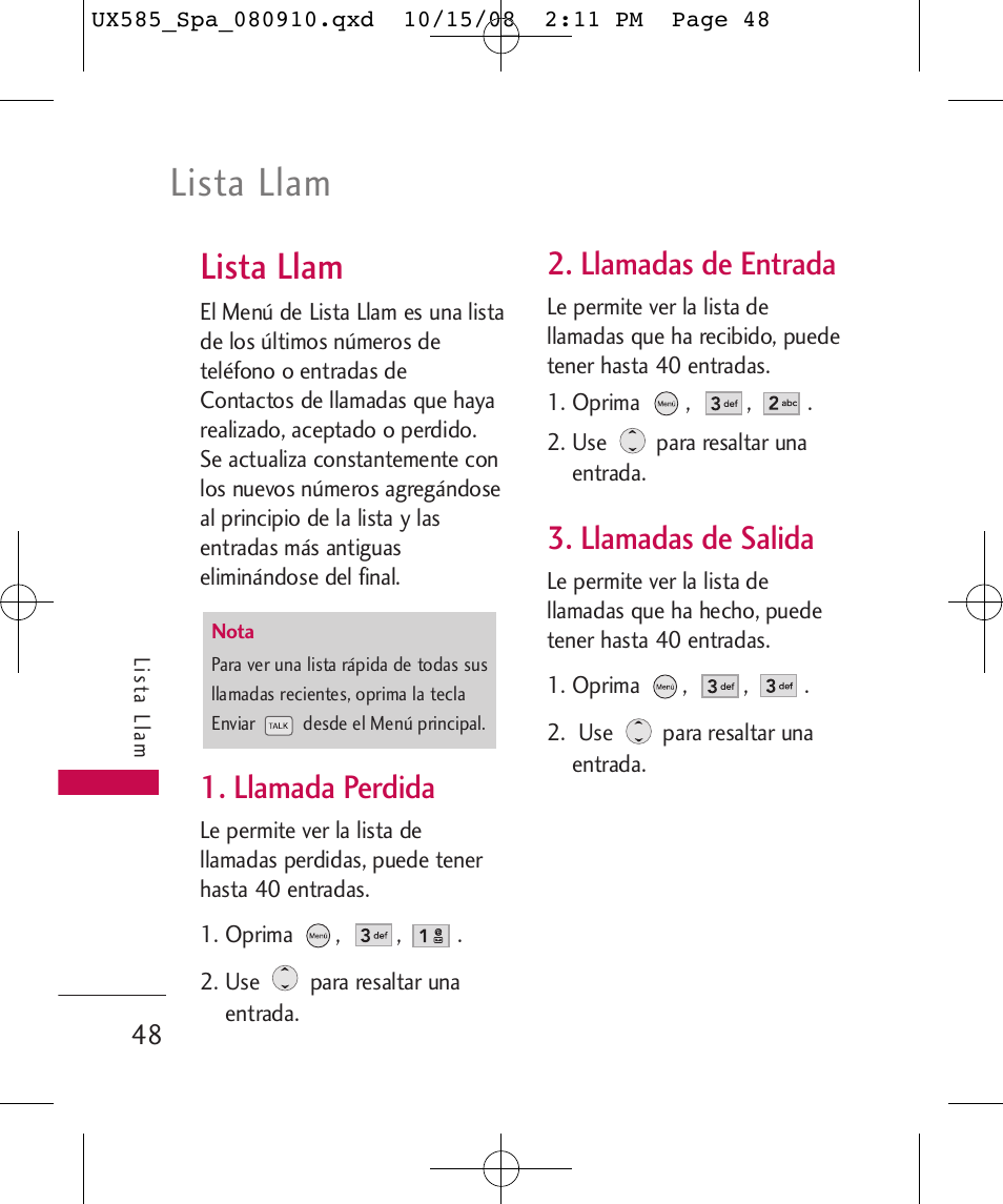 Lista llam, Llamada perdida, Llamadas de entrada | Llamadas de salida | LG LGUX585 User Manual | Page 163 / 240