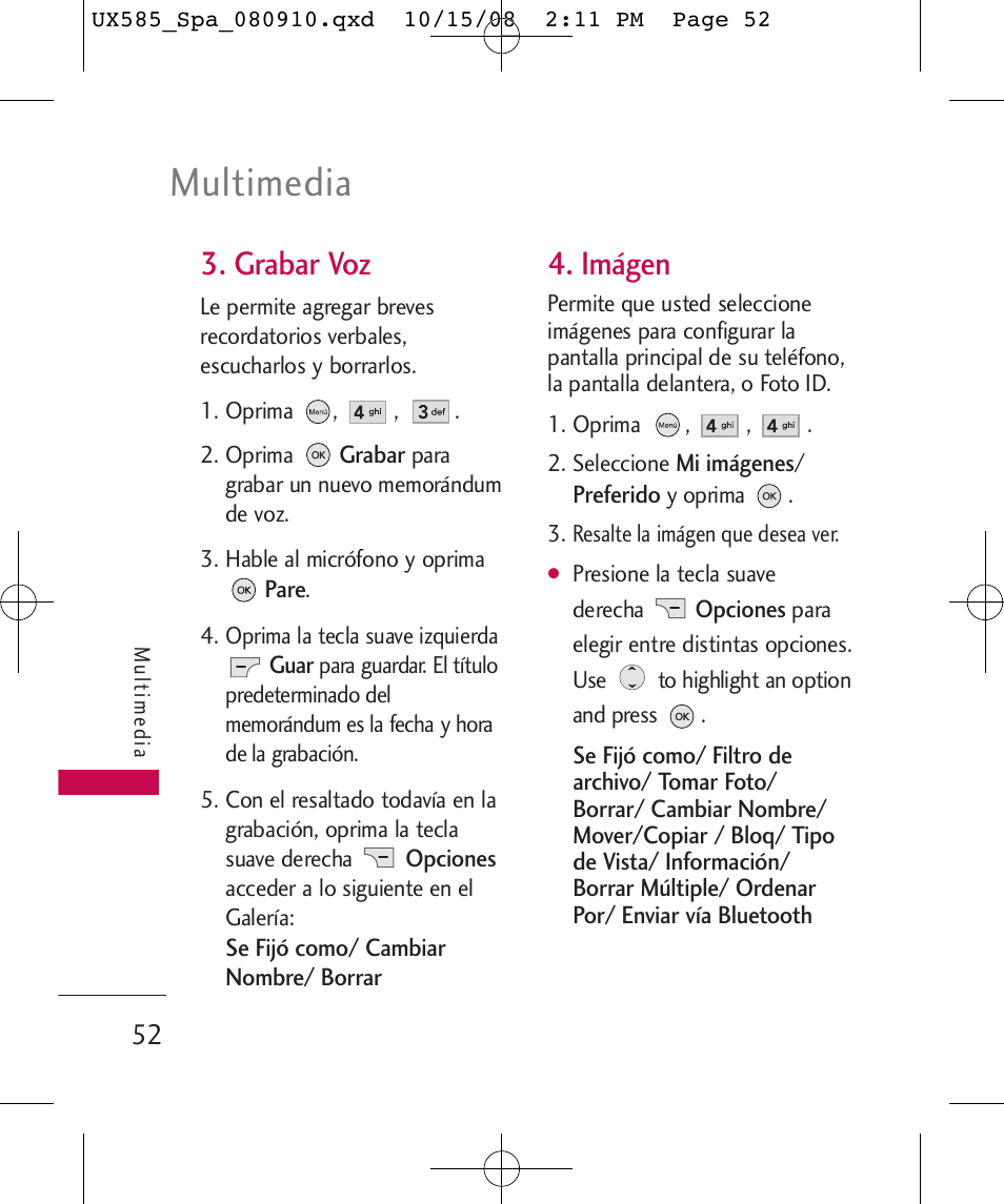 Multimedia, Grabar voz, Imágen | LG LGUX585 User Manual | Page 167 / 240