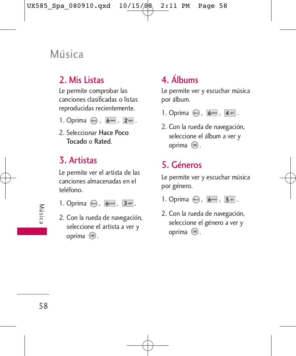 Música, Mis listas, Artistas | Álbums, Géneros | LG LGUX585 User Manual | Page 173 / 240