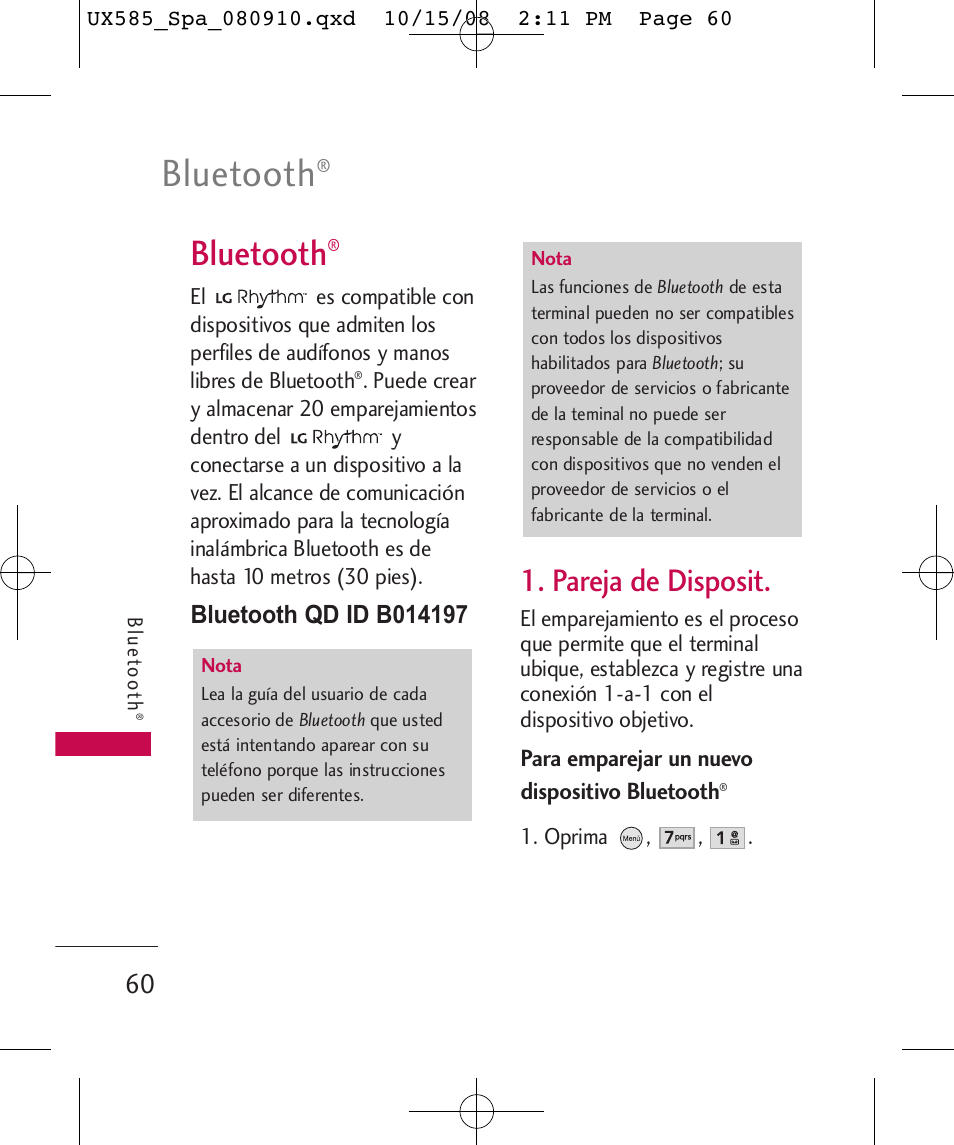 Bluetooth, Pareja de disposit | LG LGUX585 User Manual | Page 175 / 240