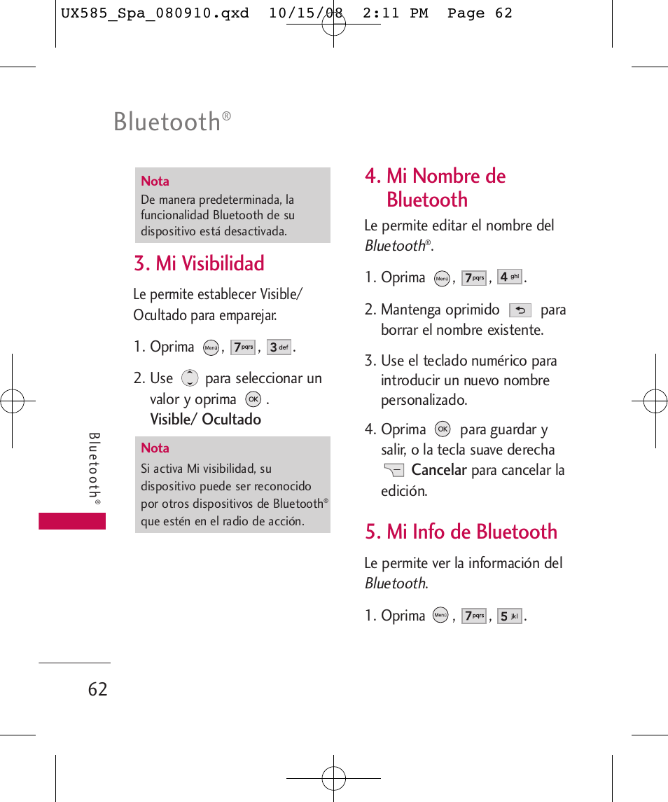 Bluetooth, Mi visibilidad, Mi nombre de bluetooth | Mi info de bluetooth | LG LGUX585 User Manual | Page 177 / 240