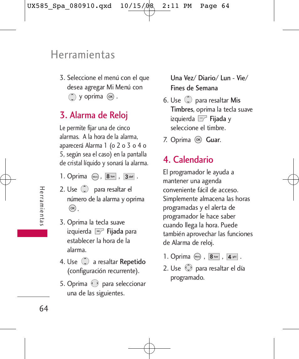 Herramientas, Alarma de reloj, Calendario | LG LGUX585 User Manual | Page 179 / 240