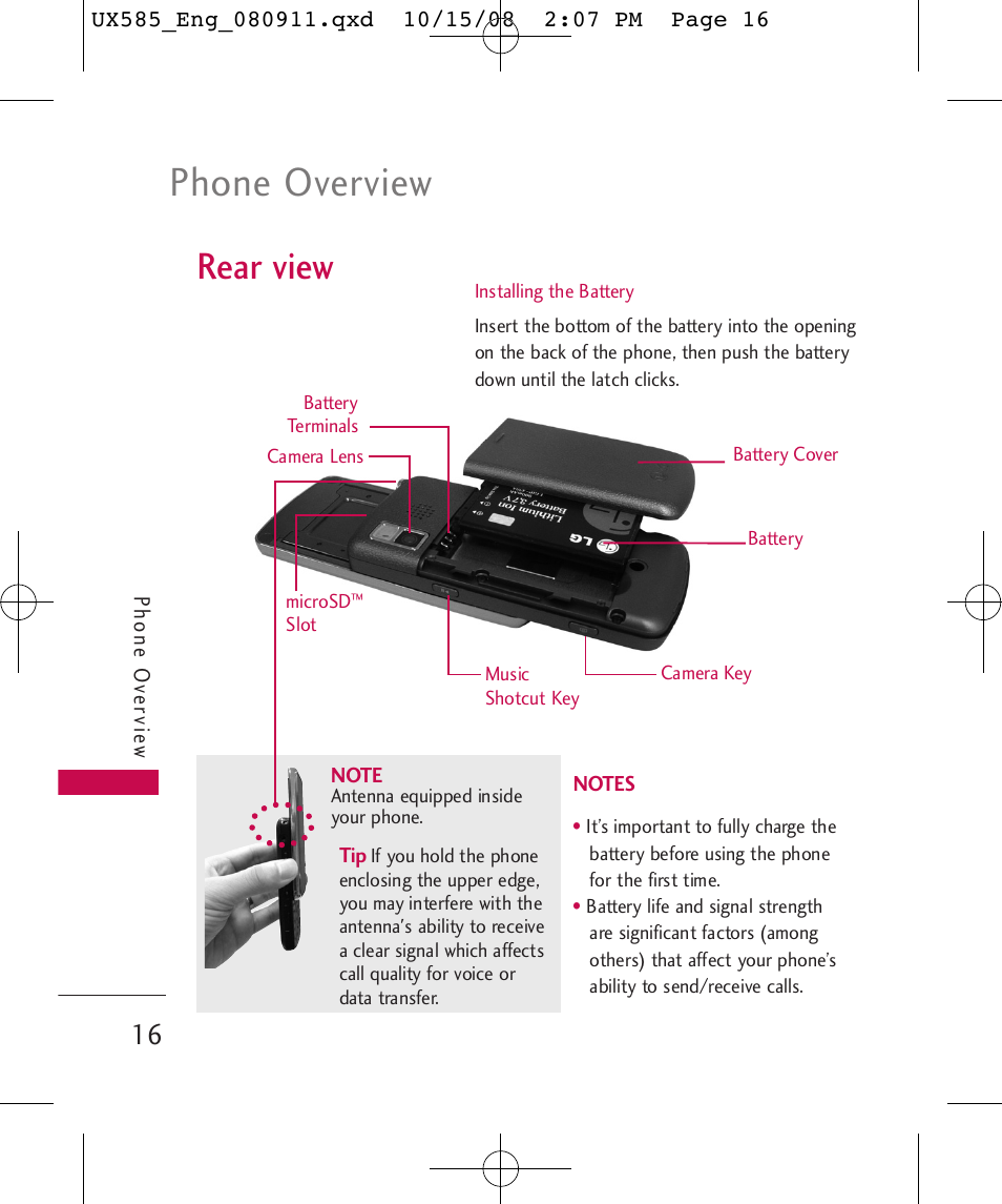 Phone overview, Rear view | LG LGUX585 User Manual | Page 18 / 240