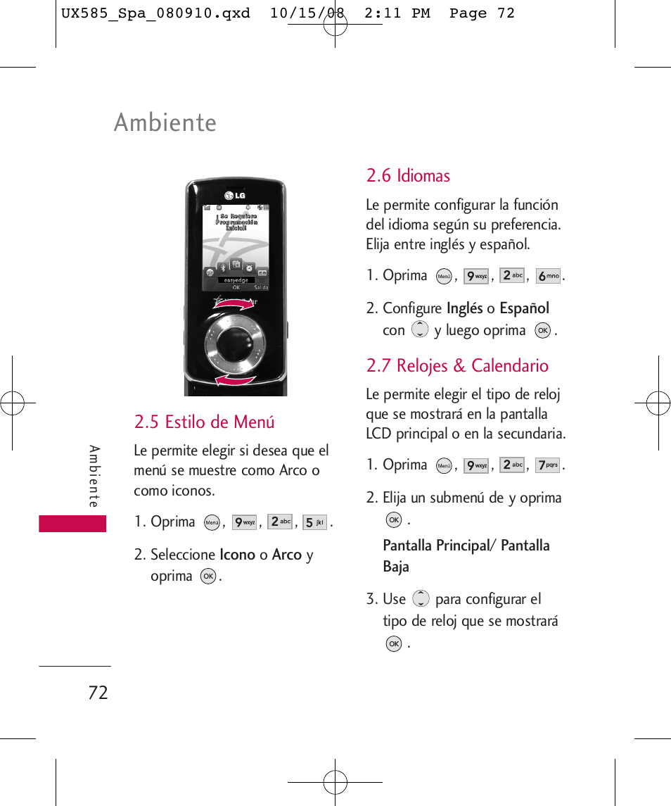 Ambiente, 5 estilo de menú, 6 idiomas | 7 relojes & calendario | LG LGUX585 User Manual | Page 187 / 240