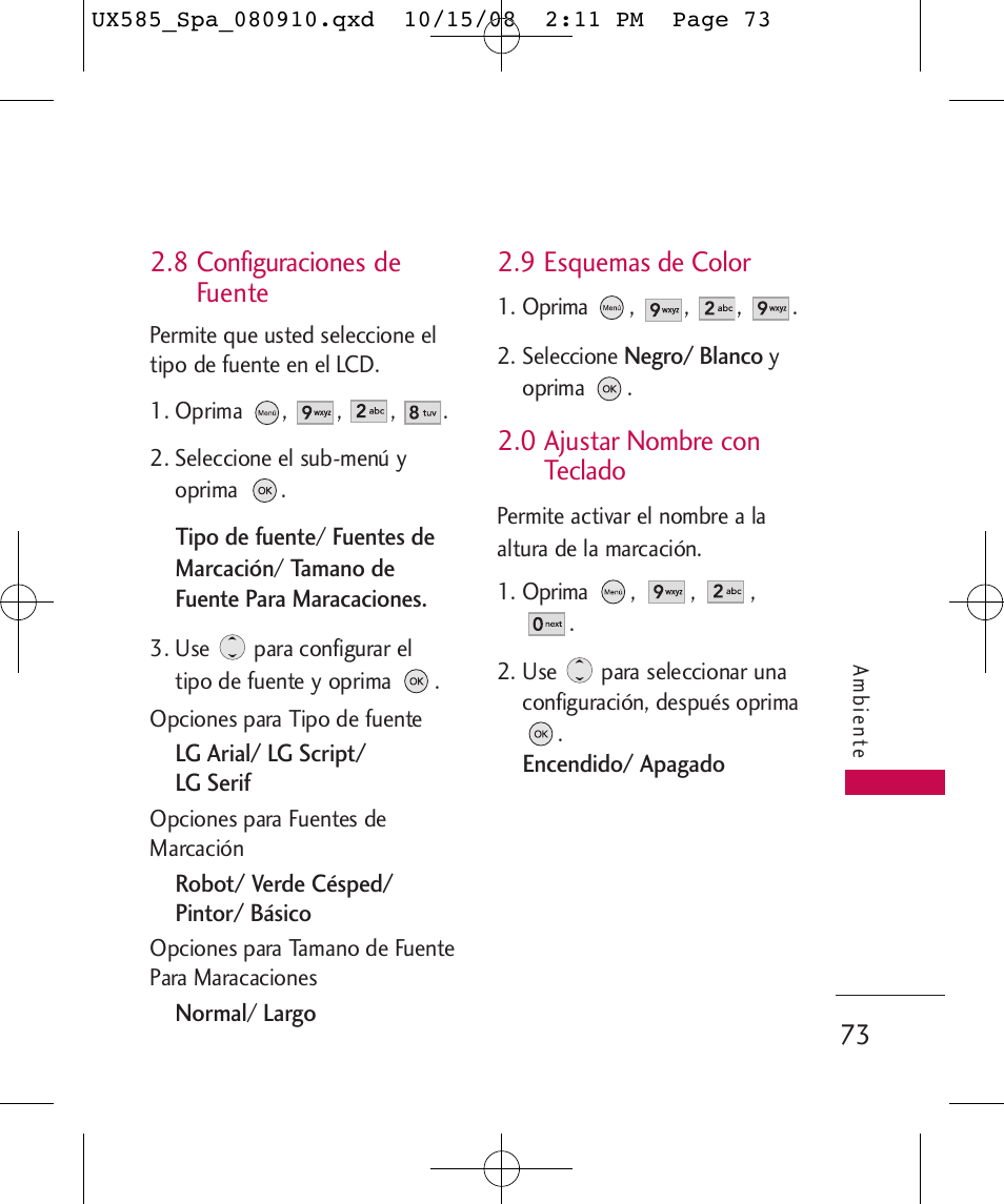 8 configuraciones de fuente, 9 esquemas de color, 0 ajustar nombre con teclado | LG LGUX585 User Manual | Page 188 / 240