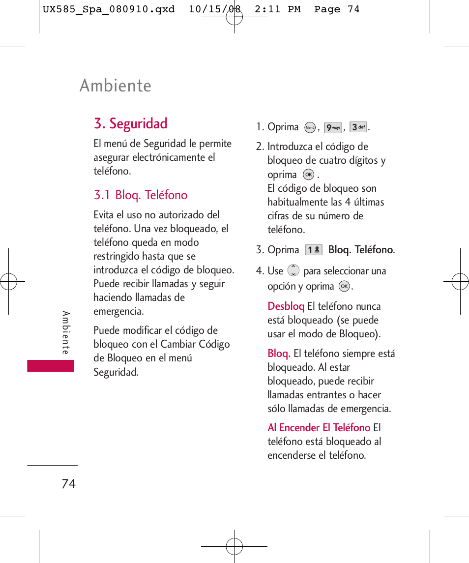 Ambiente, Seguridad, 1 bloq. teléfono | LG LGUX585 User Manual | Page 189 / 240