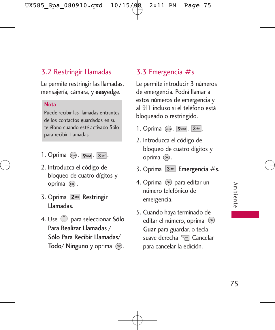 2 restringir llamadas, 3 emergencia #s | LG LGUX585 User Manual | Page 190 / 240