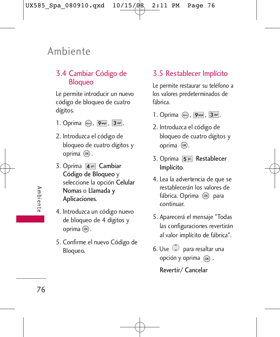 Ambiente, 4 cambiar código de bloqueo, 5 restablecer implícito | LG LGUX585 User Manual | Page 191 / 240