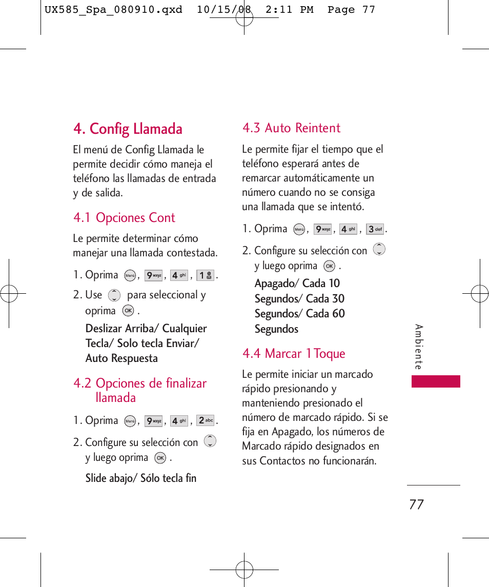 Config llamada, 1 opciones cont, 2 opciones de finalizar llamada | 3 auto reintent, 4 marcar 1toque | LG LGUX585 User Manual | Page 192 / 240