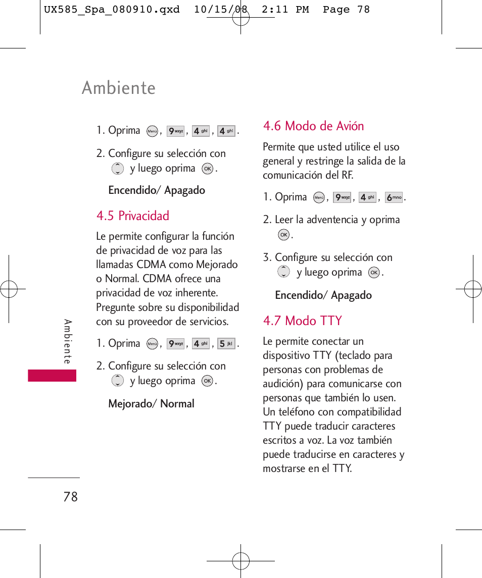 Ambiente, 5 privacidad, 6 modo de avión | 7 modo tty | LG LGUX585 User Manual | Page 193 / 240