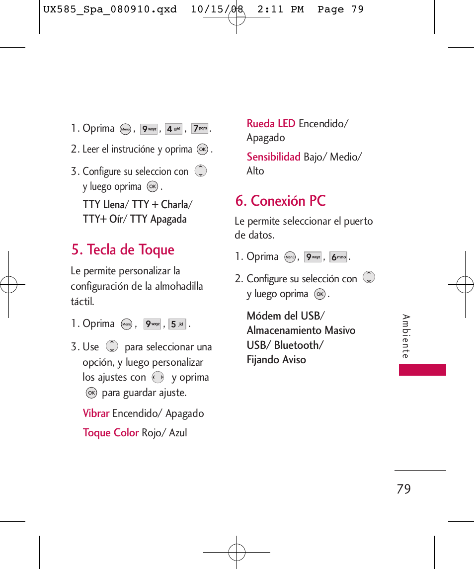 Tecla de toque, Conexión pc | LG LGUX585 User Manual | Page 194 / 240