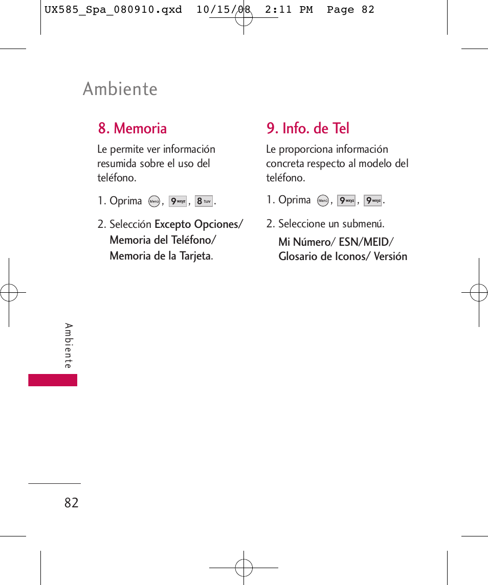 Ambiente, Info. de tel | LG LGUX585 User Manual | Page 197 / 240