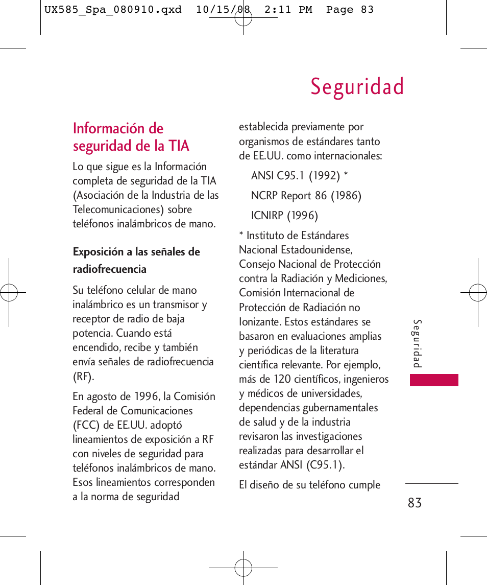 Seguridad, Información de seguridad de la tia | LG LGUX585 User Manual | Page 198 / 240