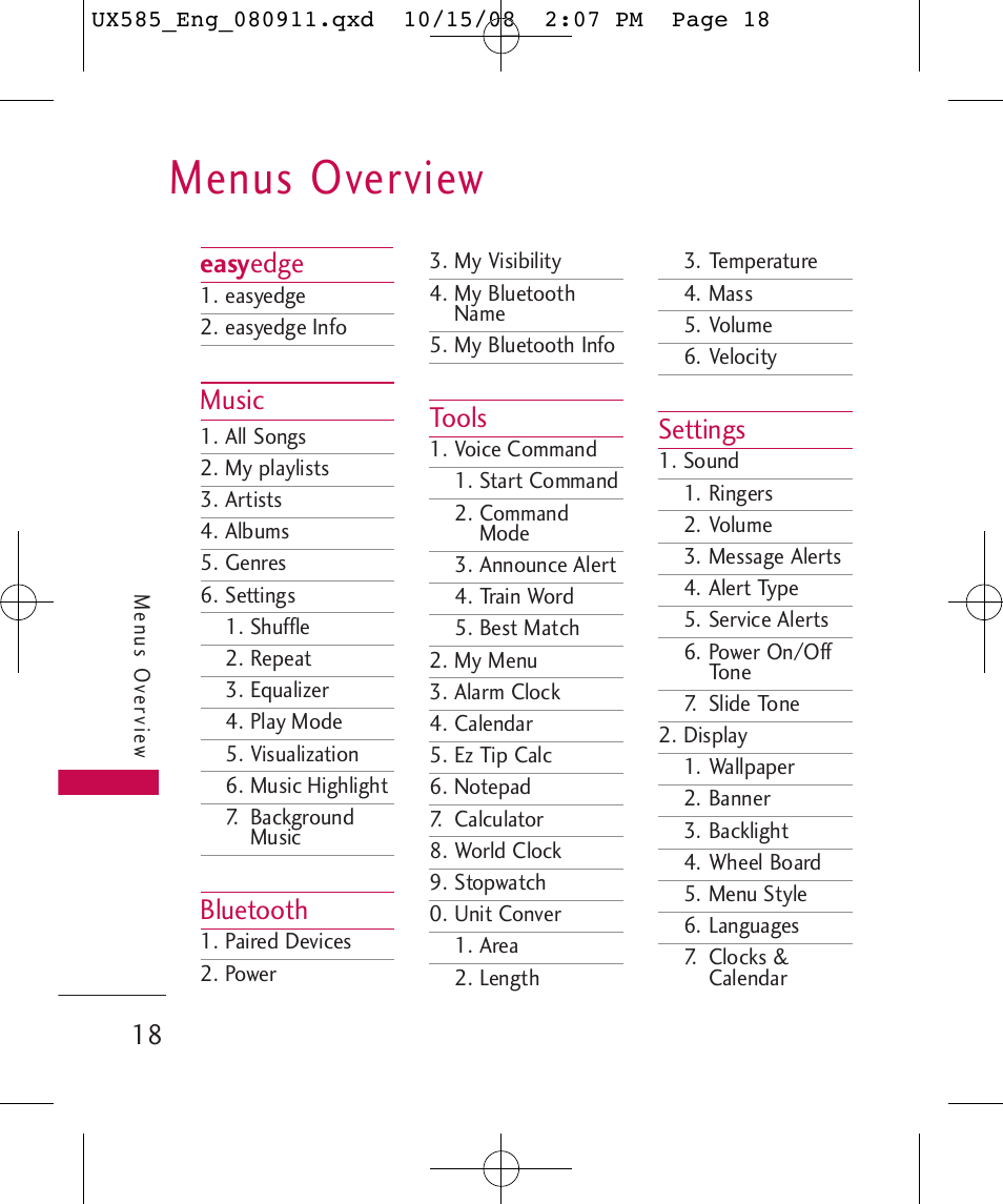 Menus overview, Easy edge, Music | Bluetooth, Tools, Settings | LG LGUX585 User Manual | Page 20 / 240