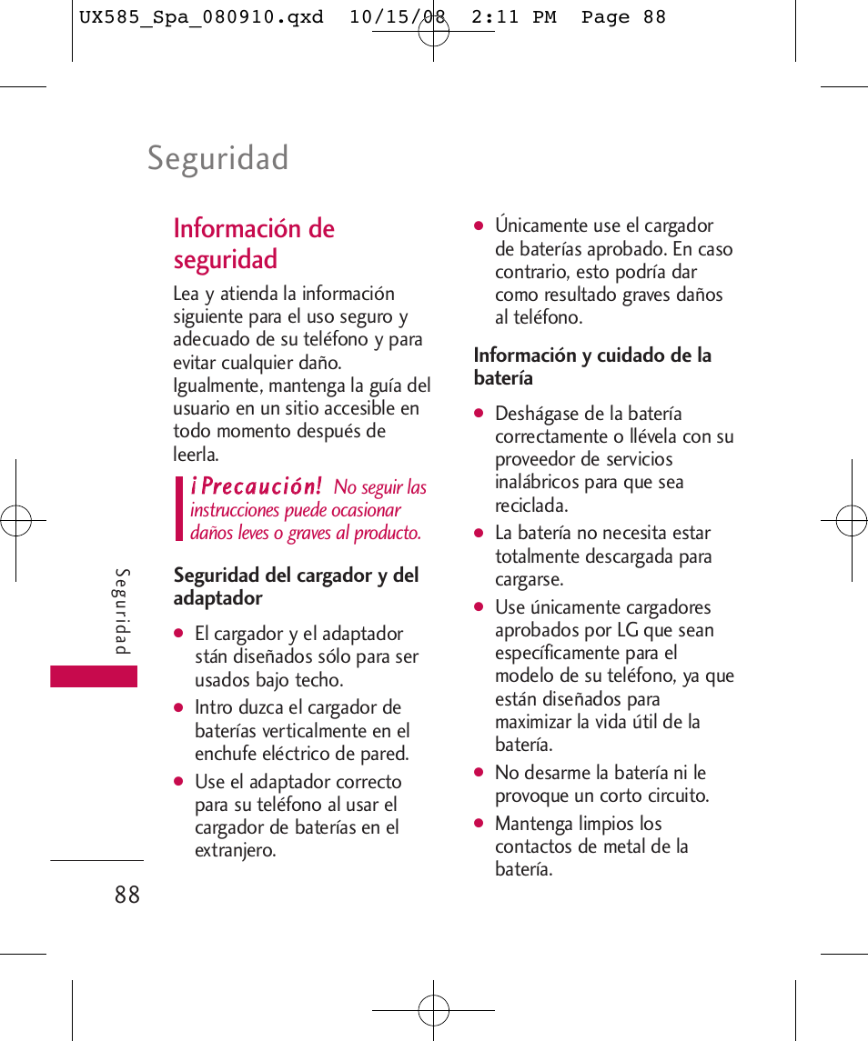 Seguridad, Información de seguridad, Pprreeccaauucciióónn | LG LGUX585 User Manual | Page 203 / 240