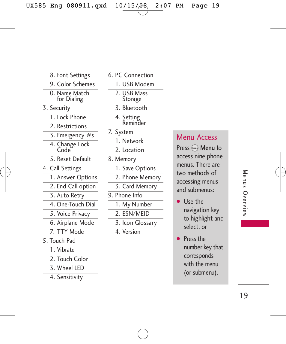 Menu access | LG LGUX585 User Manual | Page 21 / 240