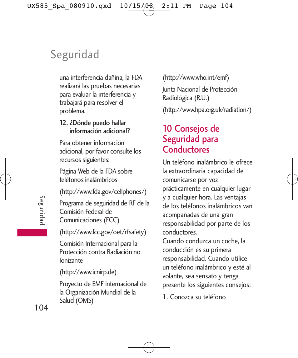 Seguridad, 10 consejos de seguridad para conductores | LG LGUX585 User Manual | Page 219 / 240