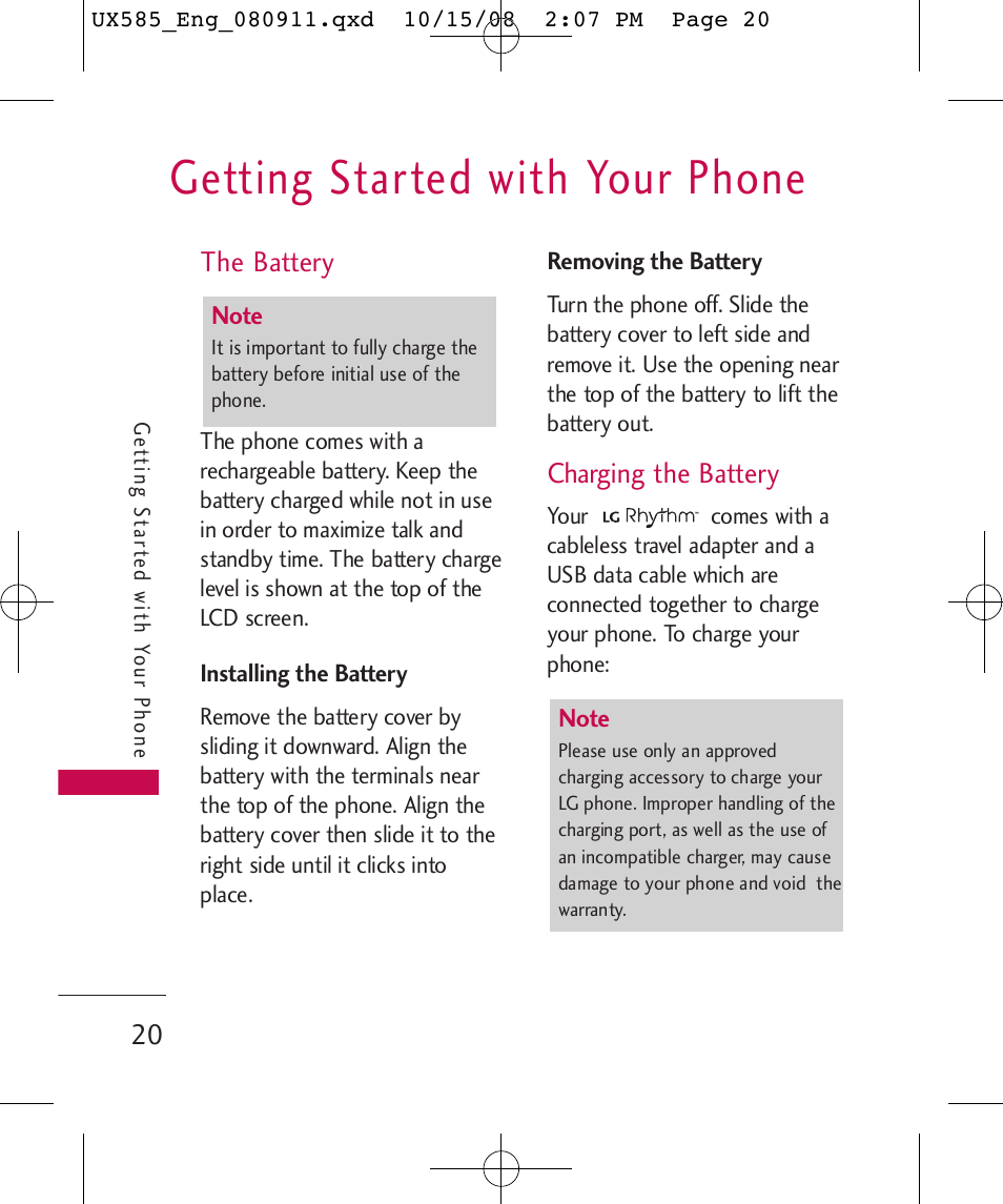 Getting started with your phone | LG LGUX585 User Manual | Page 22 / 240