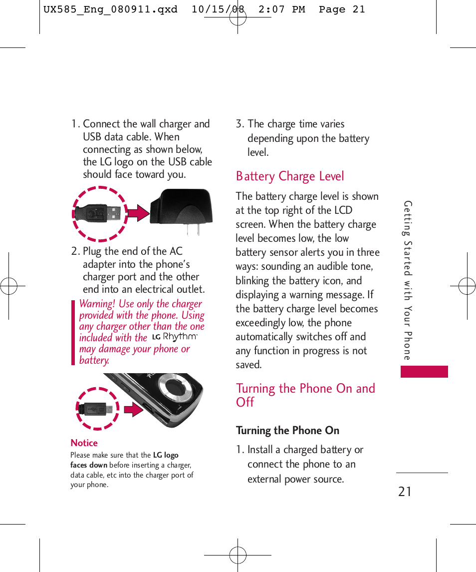 Battery charge level, Turning the phone on and off | LG LGUX585 User Manual | Page 23 / 240