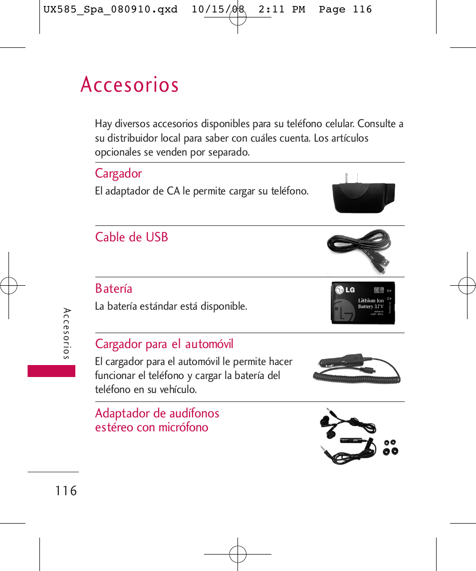 Accesorios | LG LGUX585 User Manual | Page 231 / 240