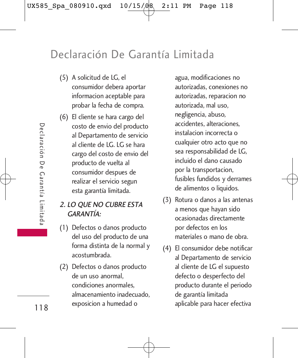 Declaración de garantía limitada | LG LGUX585 User Manual | Page 233 / 240