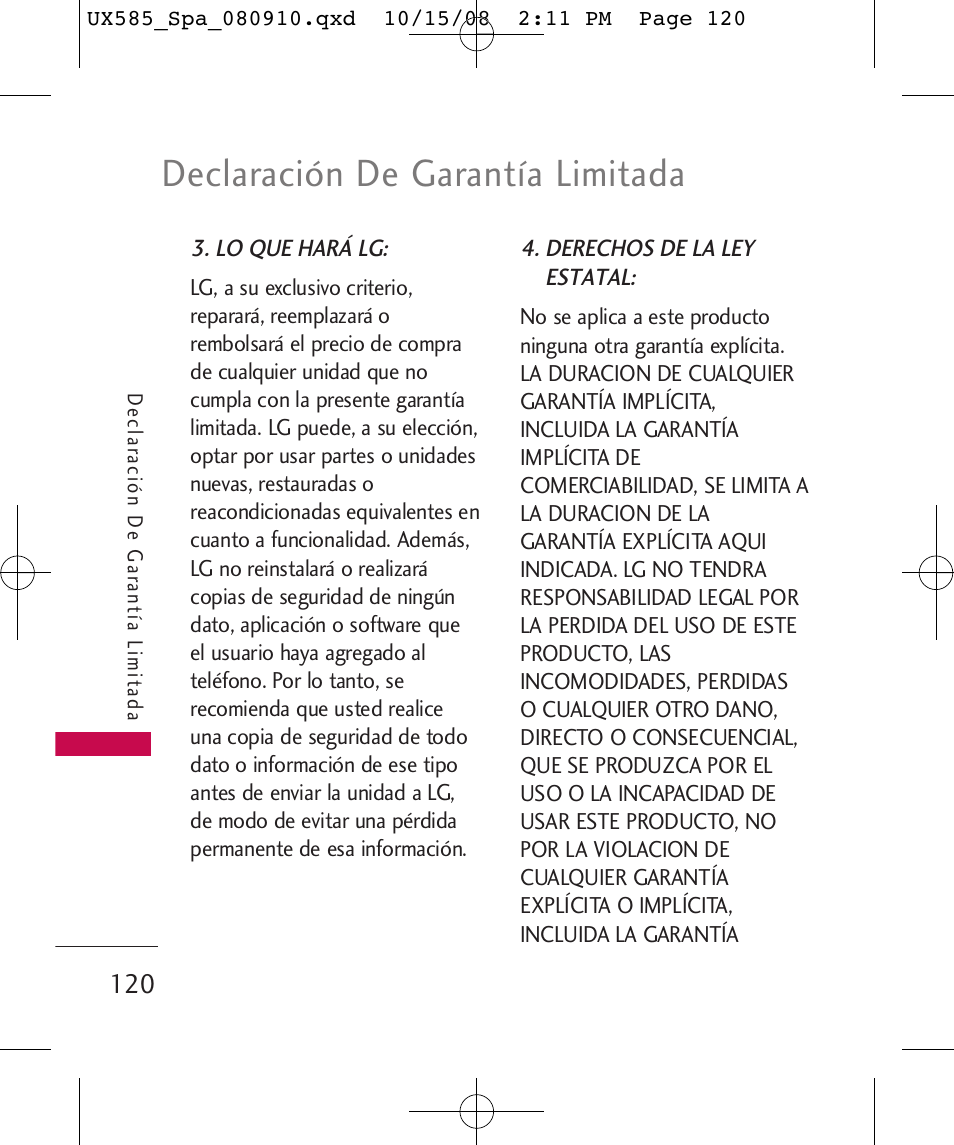 Declaración de garantía limitada | LG LGUX585 User Manual | Page 235 / 240