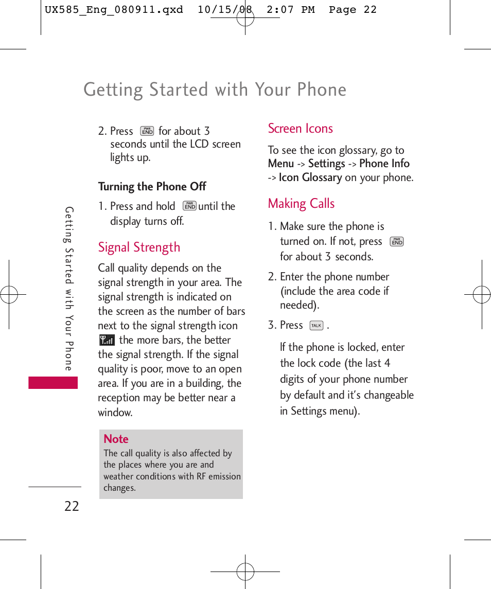 Getting started with your phone, Signal strength, Screen icons | Making calls | LG LGUX585 User Manual | Page 24 / 240