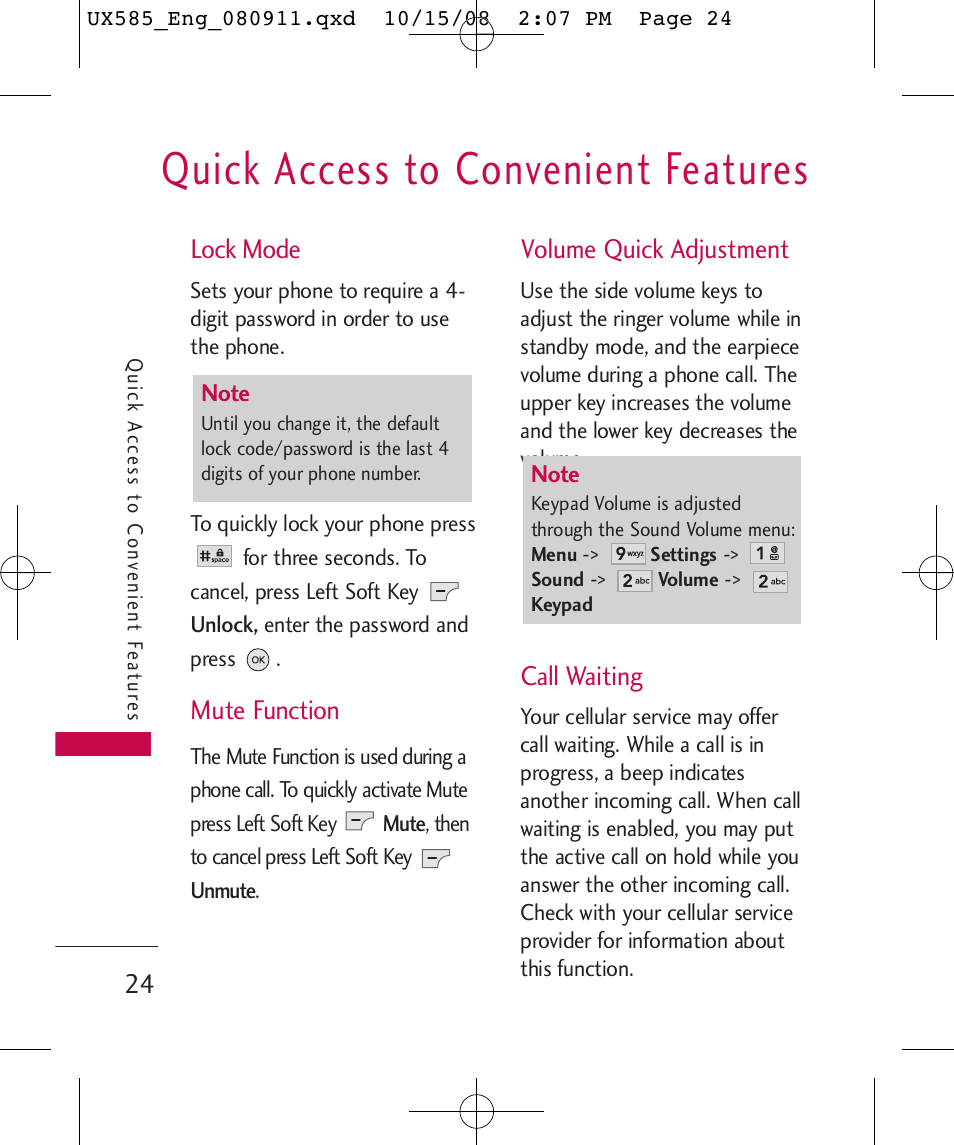 Quick access to convenient features, Lock mode, Mute function | Volume quick adjustment, Call waiting | LG LGUX585 User Manual | Page 26 / 240