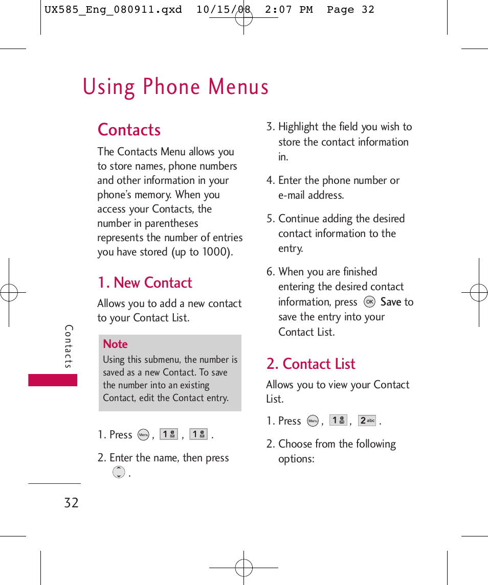 Using phone menus, Contacts, New contact | Contact list | LG LGUX585 User Manual | Page 34 / 240