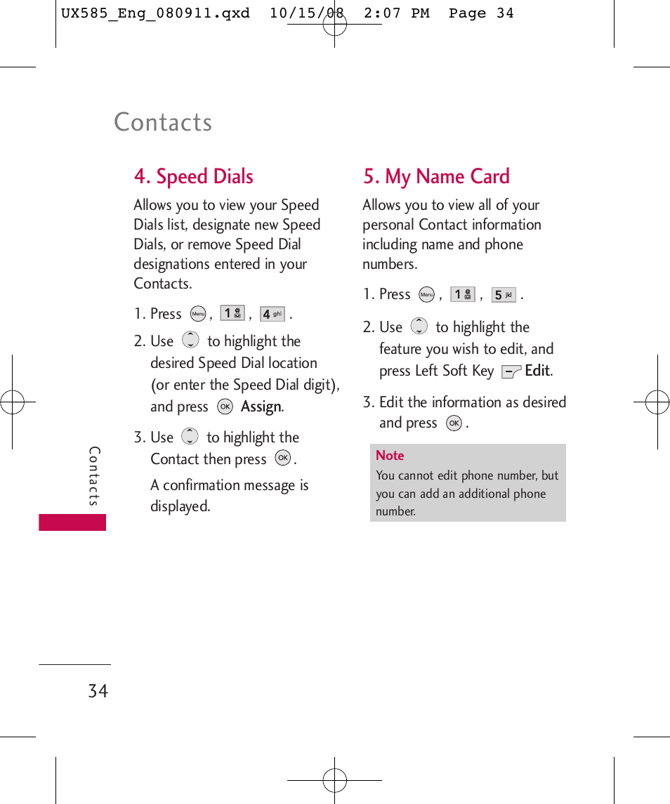 Contacts, Speed dials, My name card | LG LGUX585 User Manual | Page 36 / 240