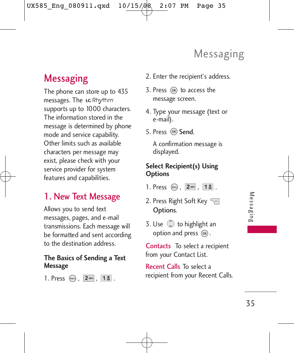 Messaging, New text message | LG LGUX585 User Manual | Page 37 / 240