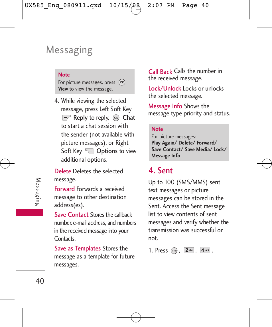 Messaging, Sent | LG LGUX585 User Manual | Page 42 / 240