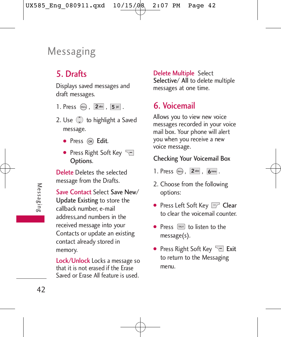 Messaging, Drafts, Voicemail | LG LGUX585 User Manual | Page 44 / 240