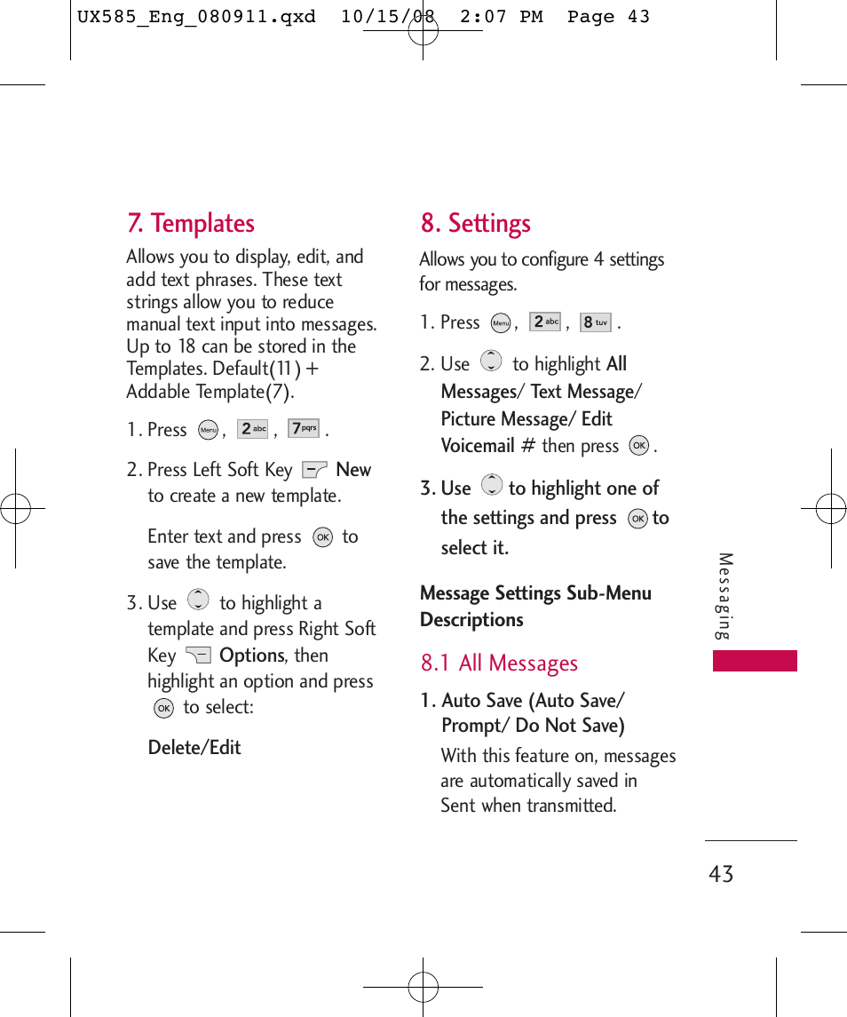 Templates, Settings, 1 all messages | LG LGUX585 User Manual | Page 45 / 240