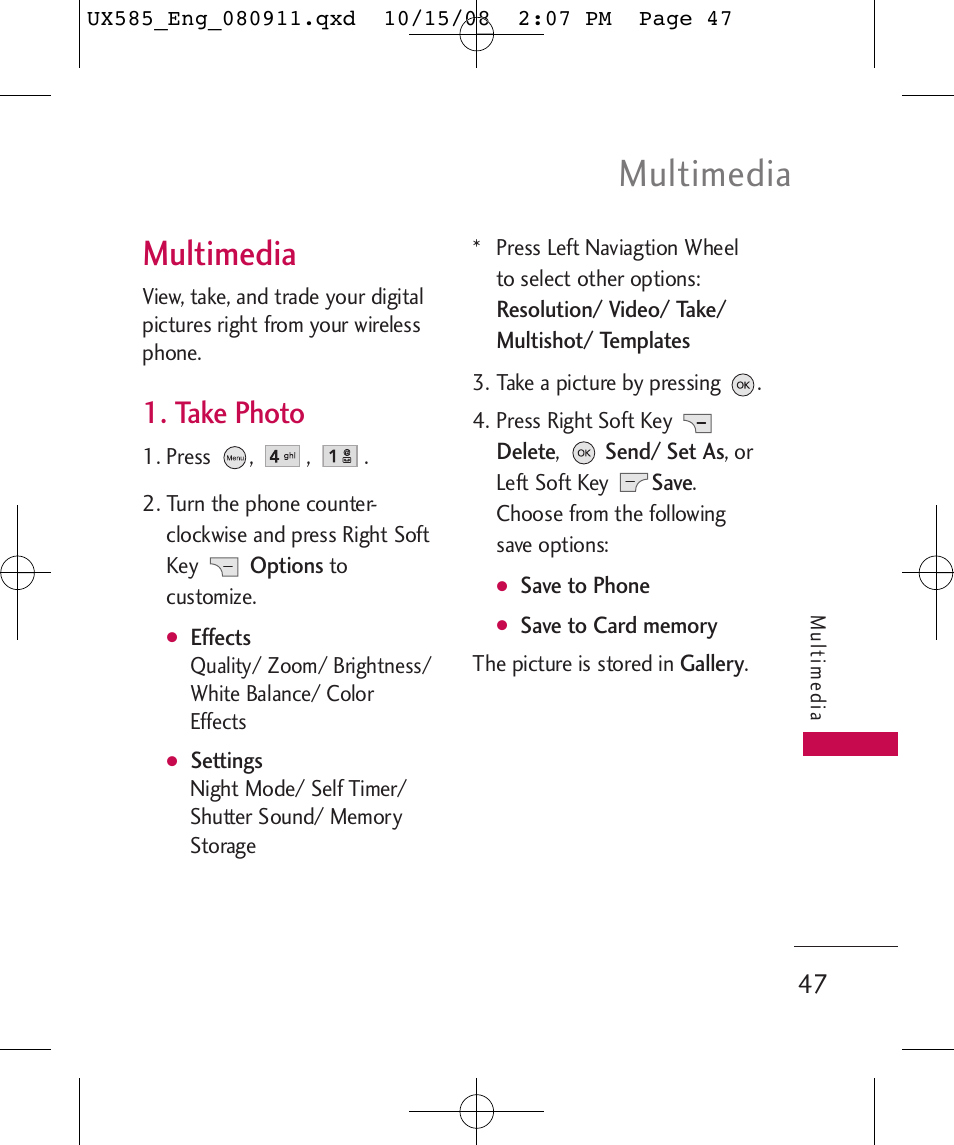 Multimedia, Take photo | LG LGUX585 User Manual | Page 49 / 240