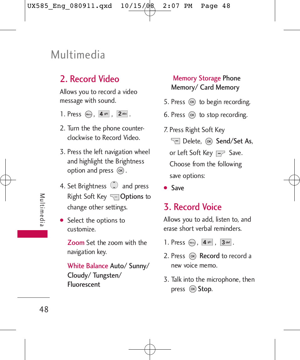 Multimedia, Record video, Record voice | LG LGUX585 User Manual | Page 50 / 240