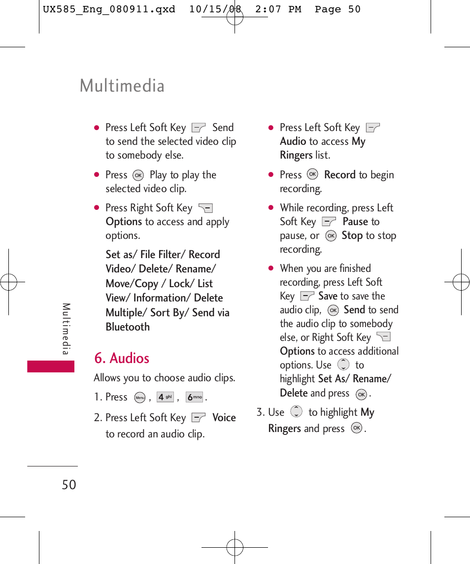 Multimedia, Audios | LG LGUX585 User Manual | Page 52 / 240